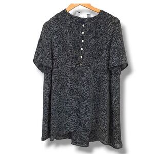 Lizsport Womens Black‎ Floral Print Short Sleeve Button Front Top Medium